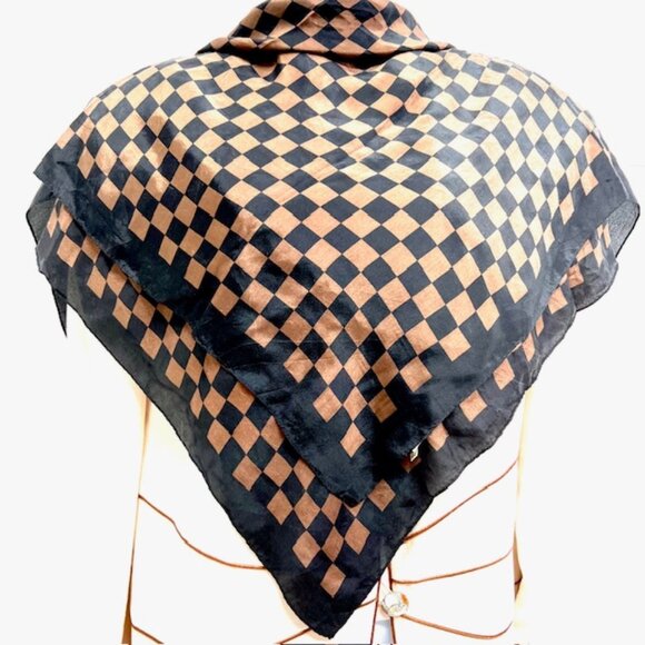Vintage Soft Silky Magie Nore 100% Silk Satin 34" x34:  Brown Black Check(77) - Picture 5 of 8
